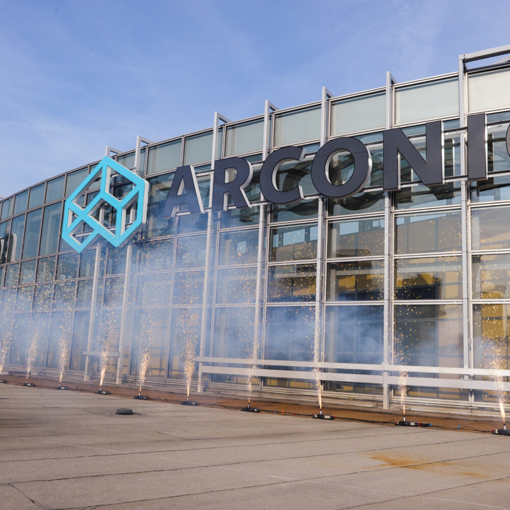 Sparkler fireworks in front of Alcoa Arconic building for grand opening
