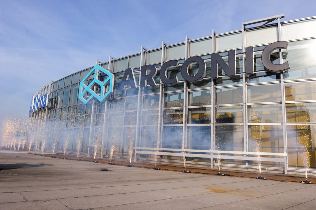 Sparkler fireworks in front of Alcoa Arconic building for grand opening