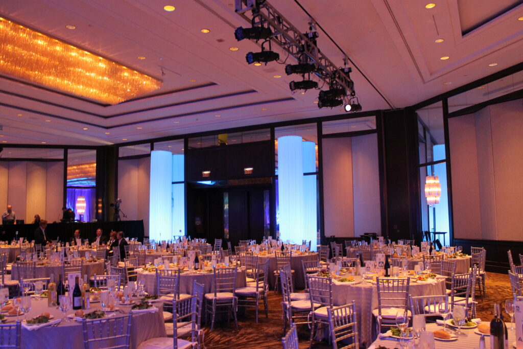 table setup in conference hall for Alcoa and Arconic event
